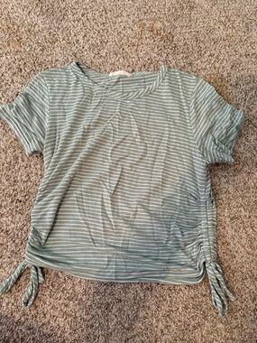 Forever 21 Sage Green & White Striped Short Sleeve Tie-Side Tee